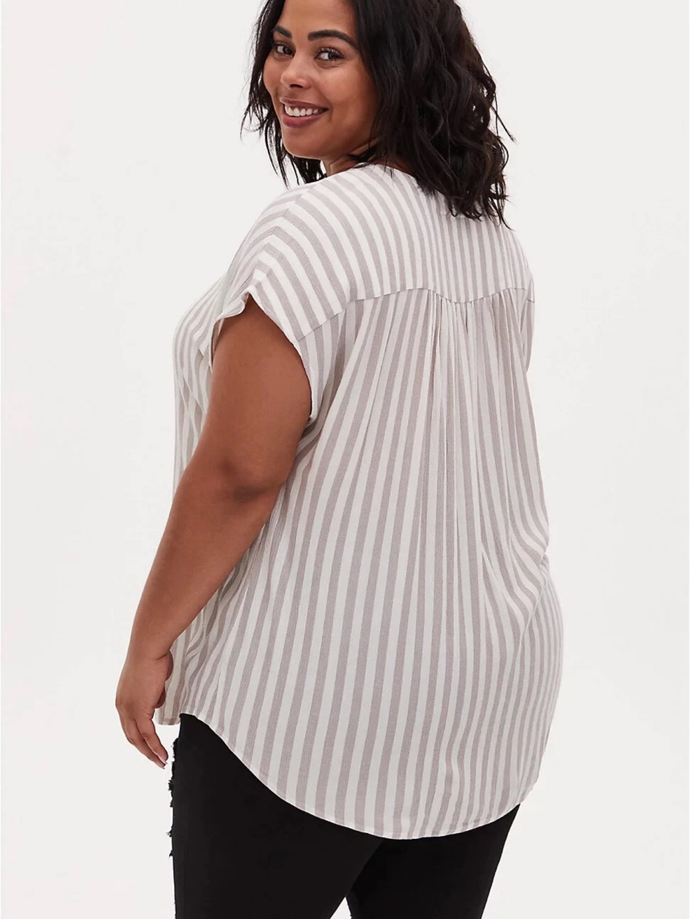 Torrid Women Stripe Gauze Lace Up Dolman Blouse 0X Plus Coastal Boho Neutral - Picture 2 of 9